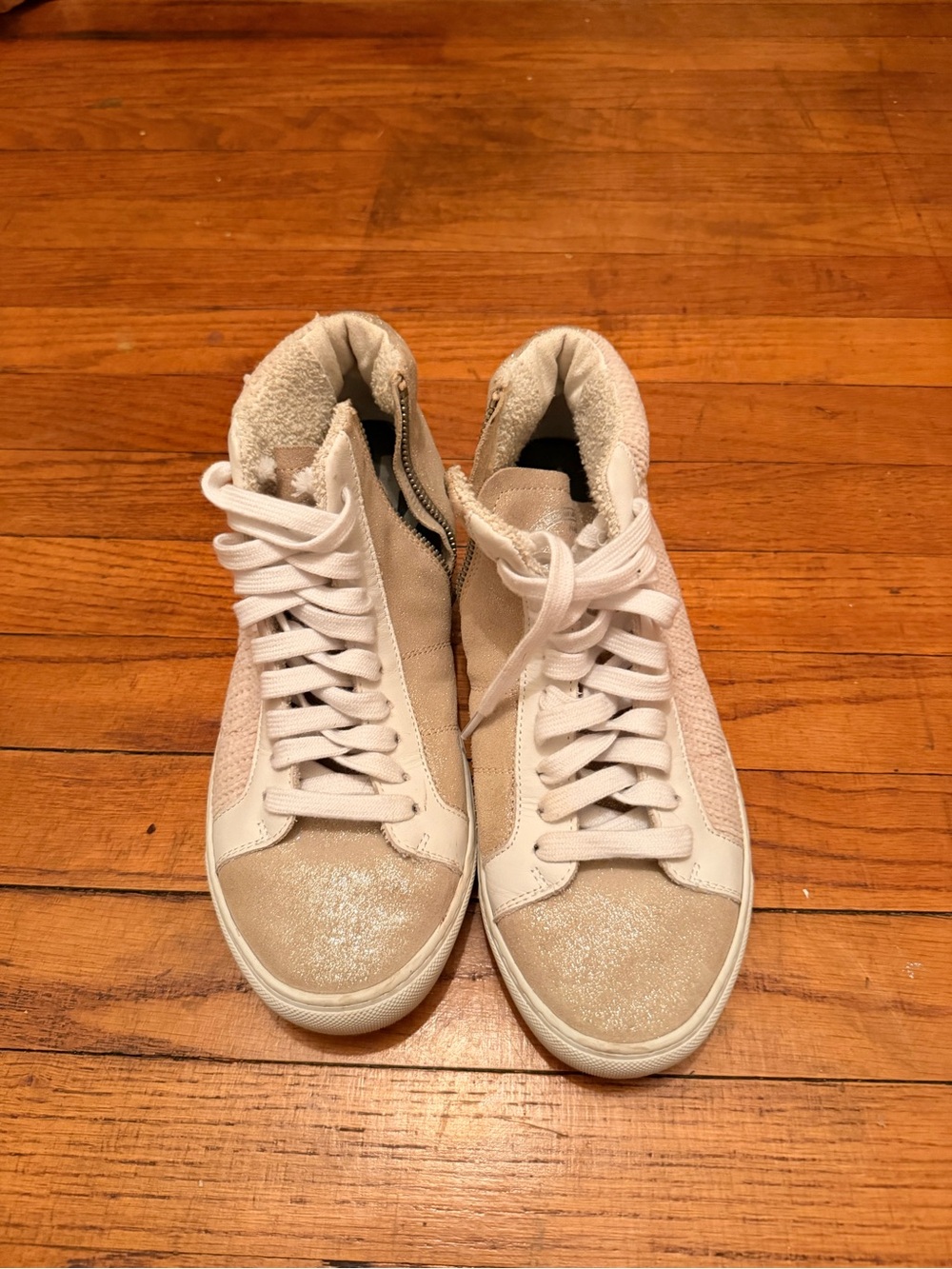 P448 Women’s Beige and White High-Top Sneakers with Sparkle Toe